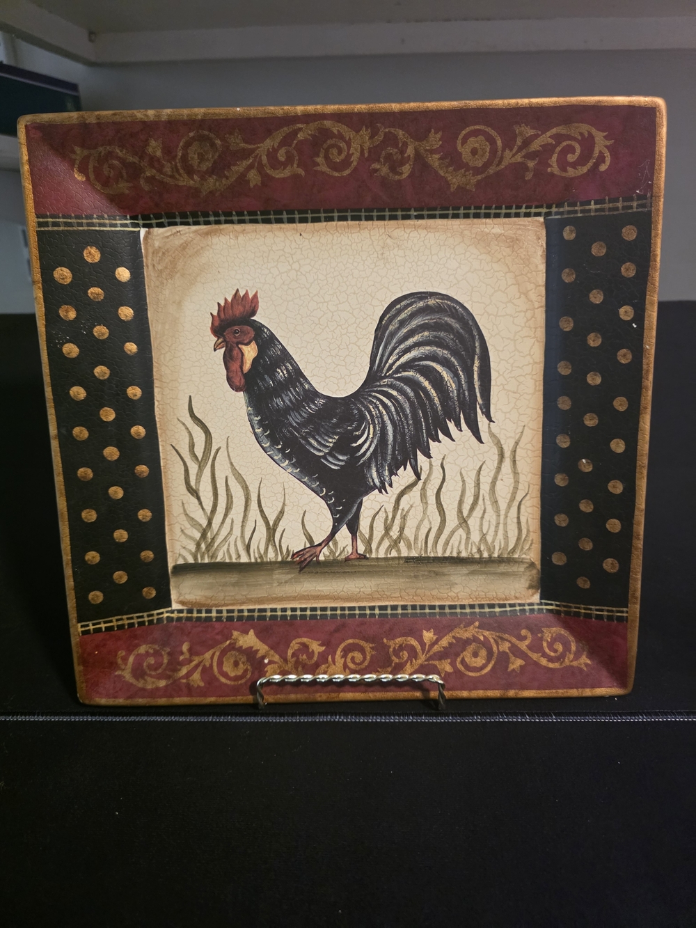 Decorative Rooster Accent Plate in Black and Red
